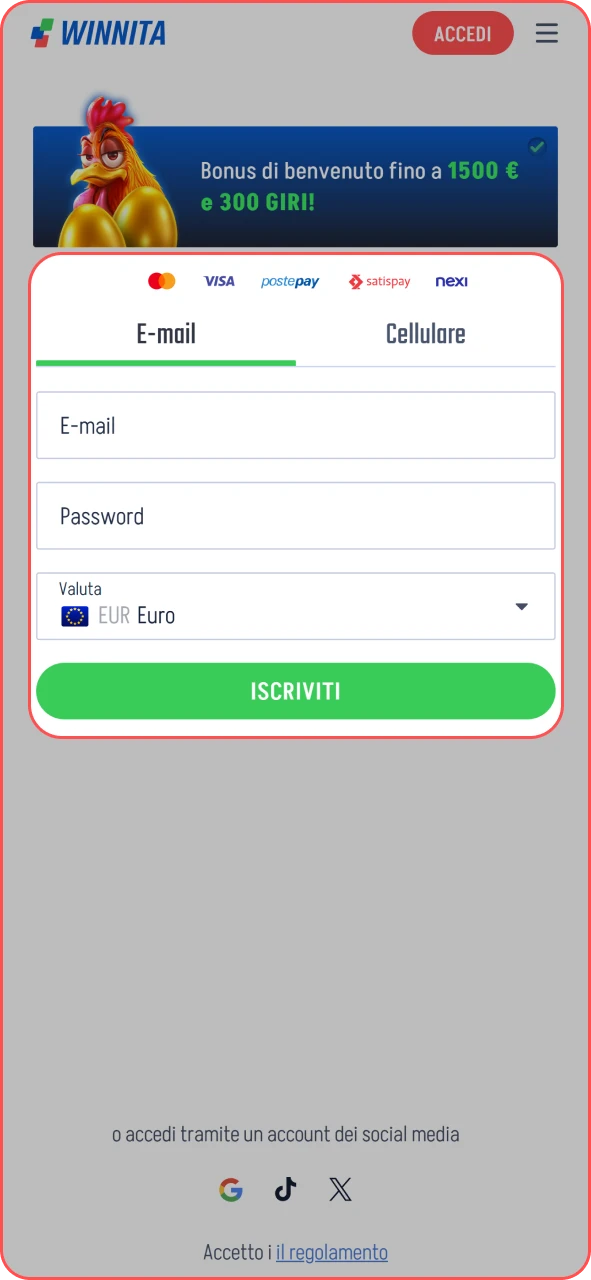 Accedi o registrati rapidamente tramite l’interfaccia mobile ufficiale Winnita.