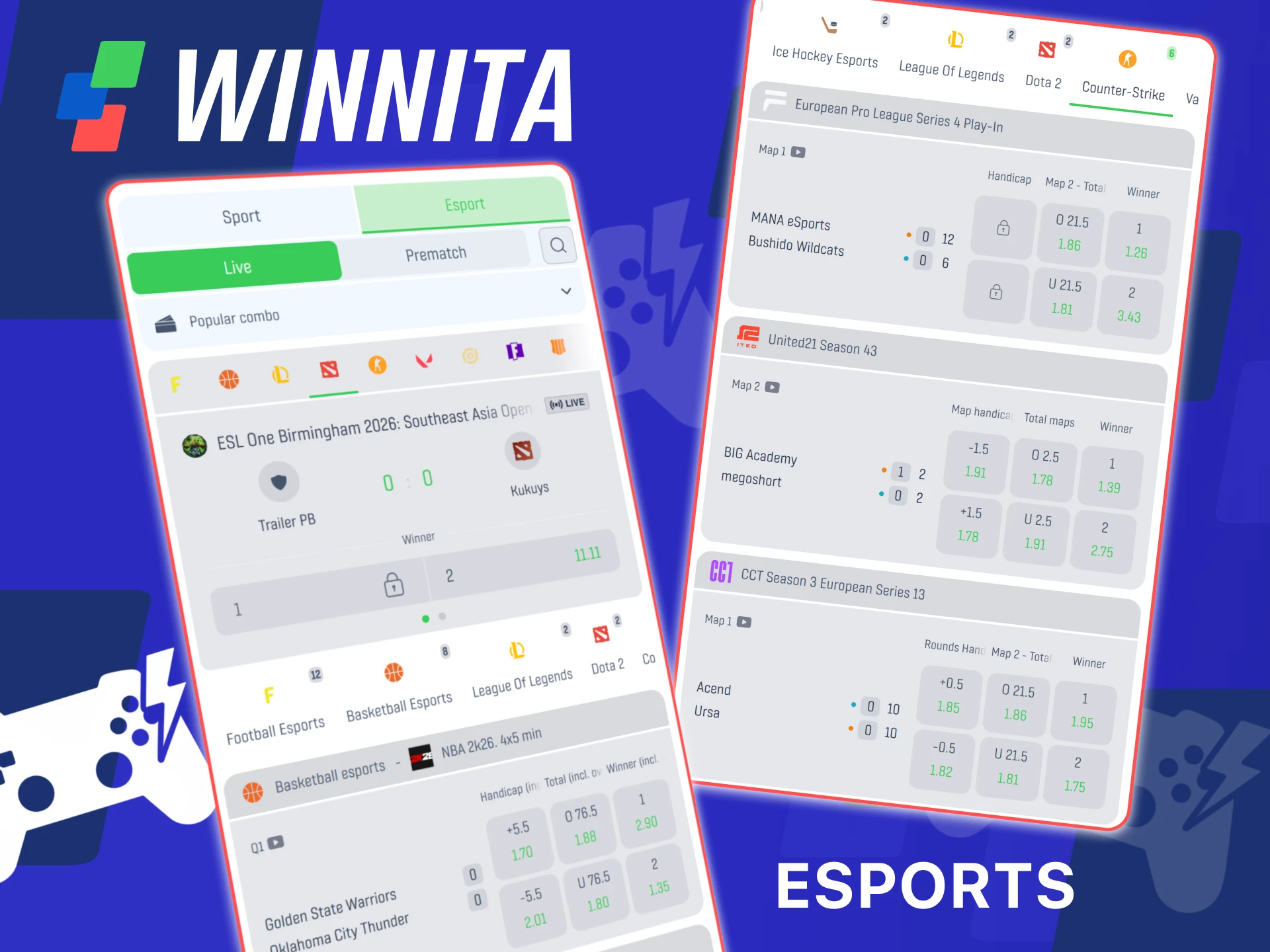 Bet on popular esports like CS GO and Dota 2 on Winnita.