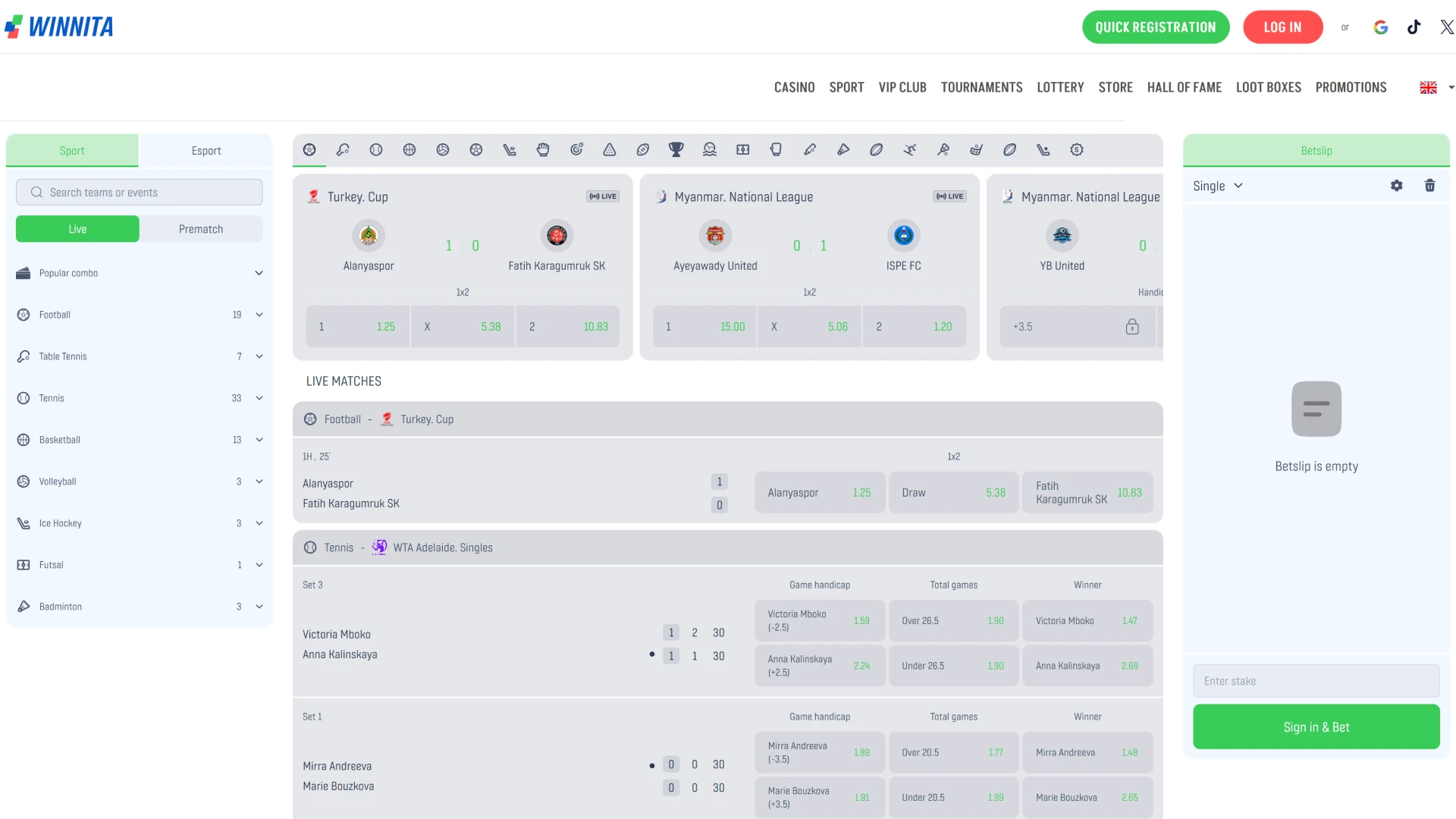 Access sports betting markets on the official Winnita website.