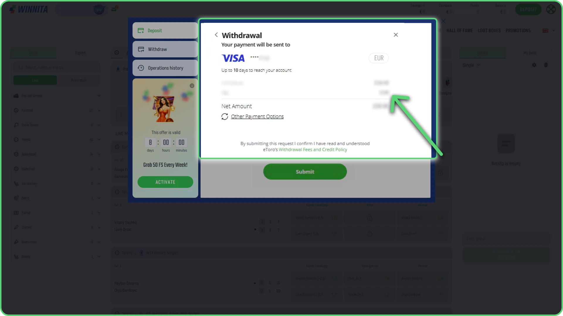 Enter the amount to withdraw from your Winnita account.