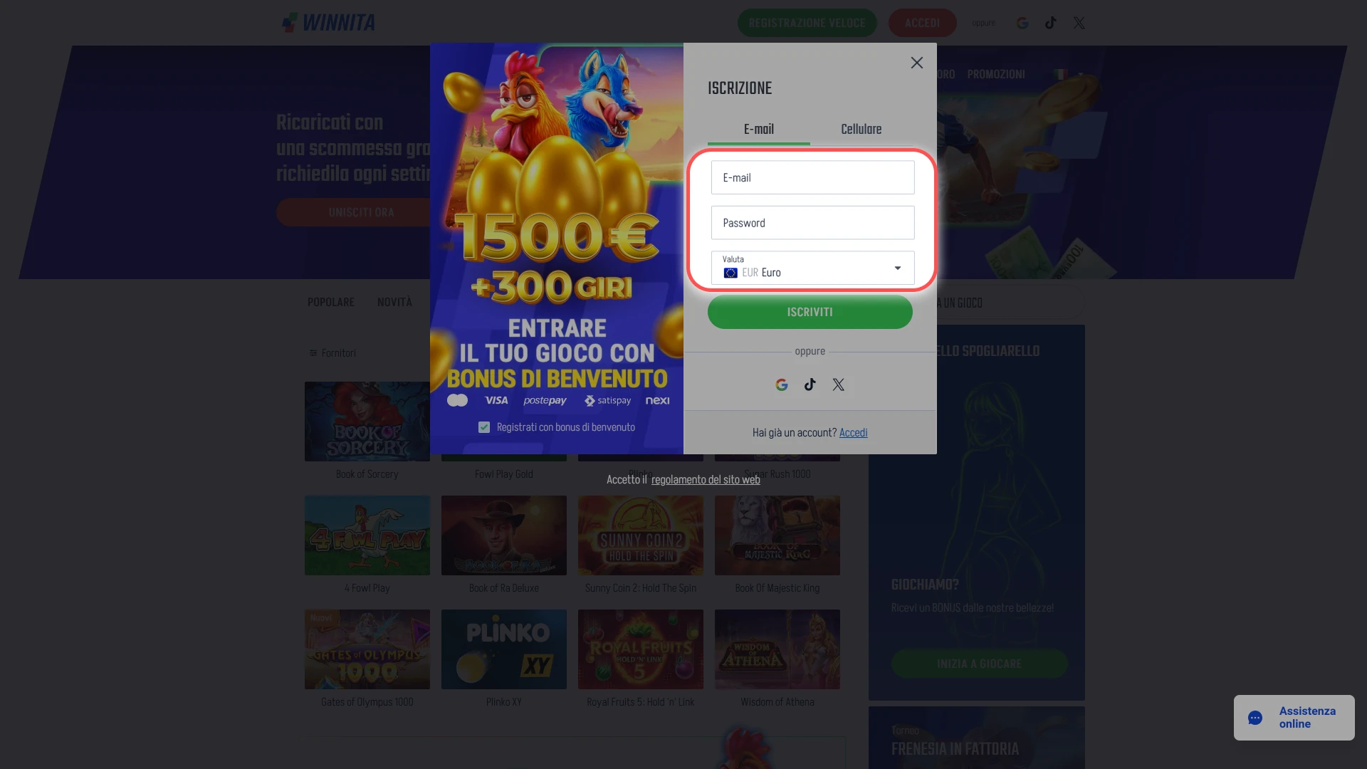 Inserisci i tuoi dati personali e crea accesso sicuro su Winnita.