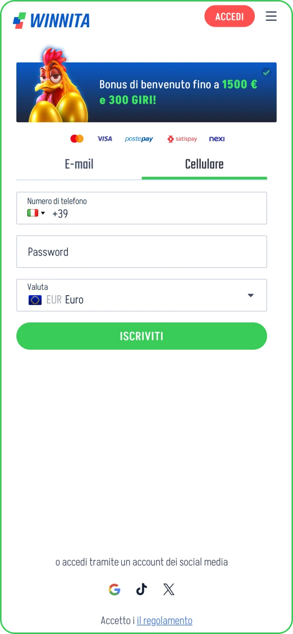 Apri il modulo di registrazione all’interno dell’app mobile ufficiale Winnita.